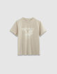 Tee-shirt col rond beige coton bio visuel aigle Femme-5