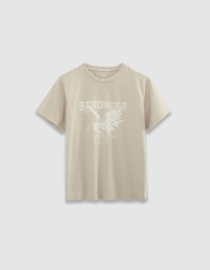 Tee-shirt col rond beige coton bio visuel aigle Femme-5