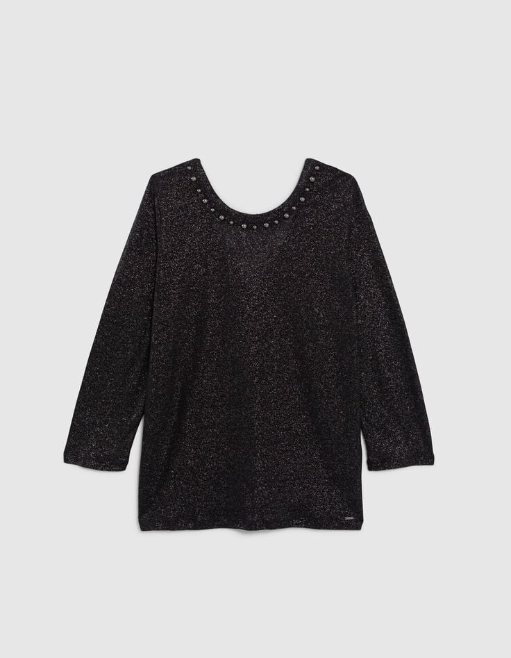 Camiseta negra de lino con tachuelas para mujer-5