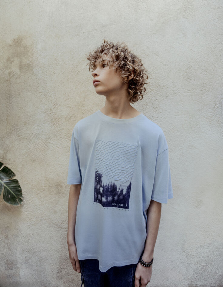 T-shirt bleu coton bio flocage ondes marines garçon-7