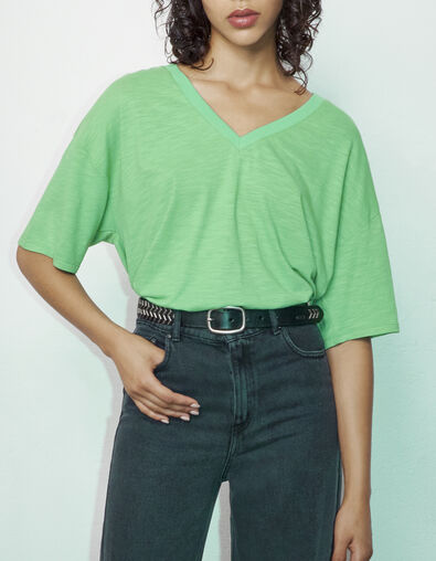Women’s green cotton T-shirt, chevron badge on shoulder - IKKS