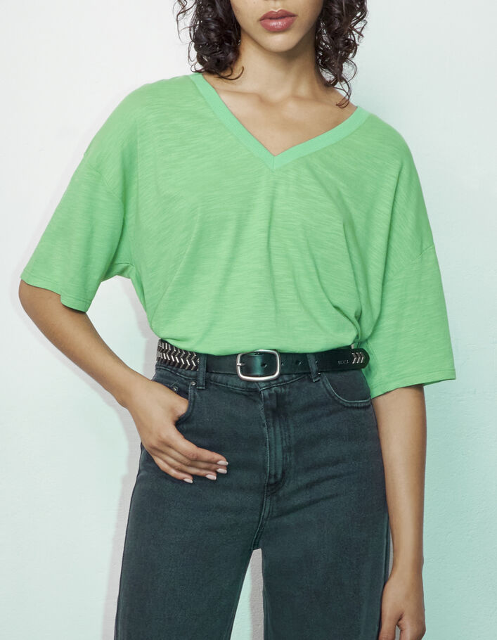 Groen katoenen T-shirt visgraatbadge schouders dames - IKKS