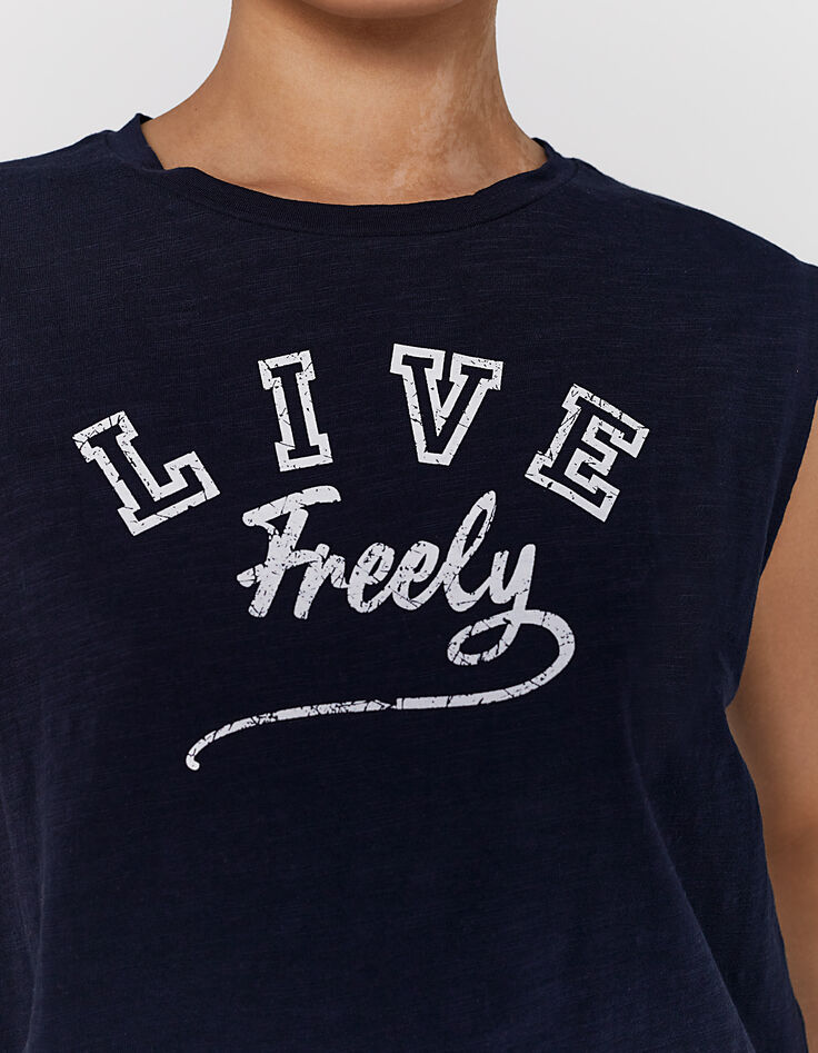 Tee-shirt en coton bleu marine visuel message surf femme-4 Tee-shirt en coton bleu marine visuel message surf femme-4