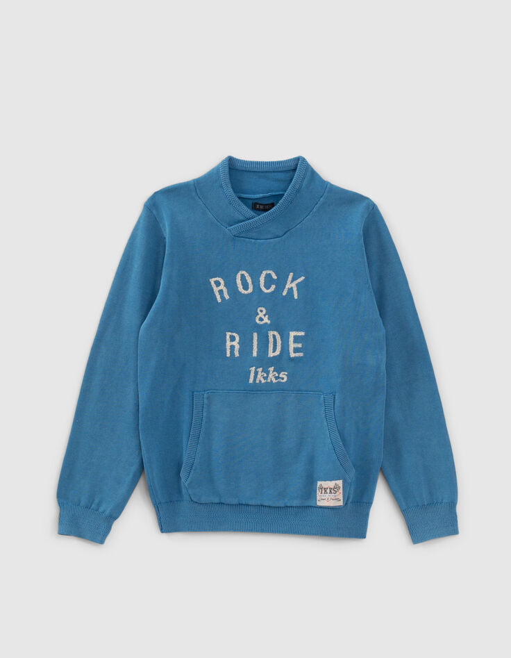 Blauer Jungen-Strickpulli, gebleichte Optik, Stickmotiv-1
