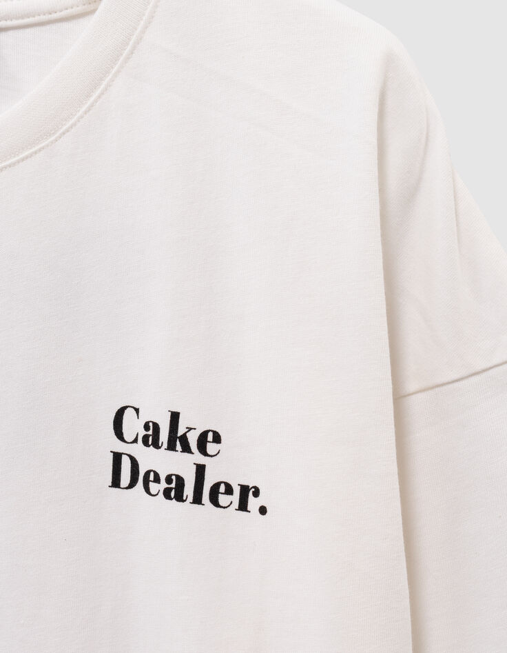 Girls’ ecru organic cotton T-shirt with cake image-6