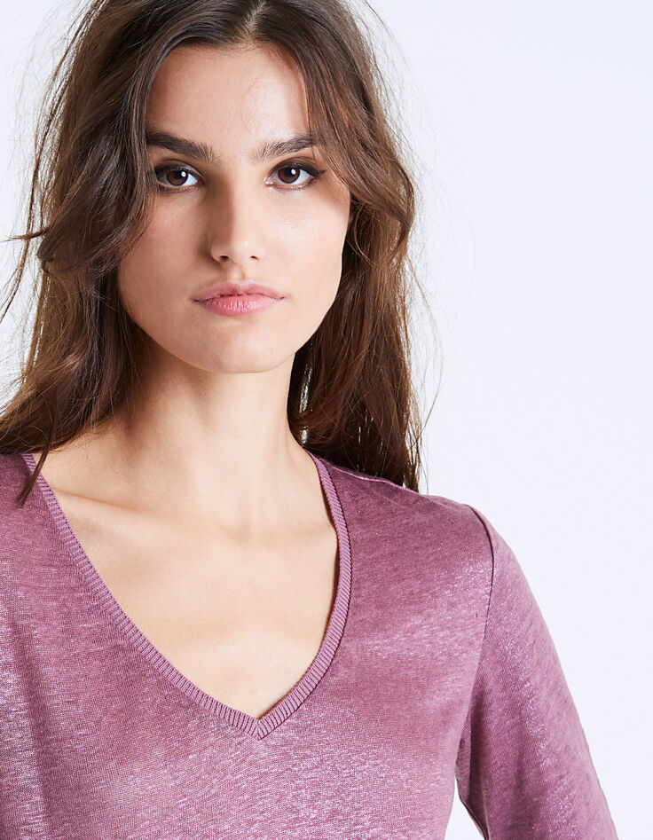 Tee-shirt fluide col V en lin parme foil femme-4