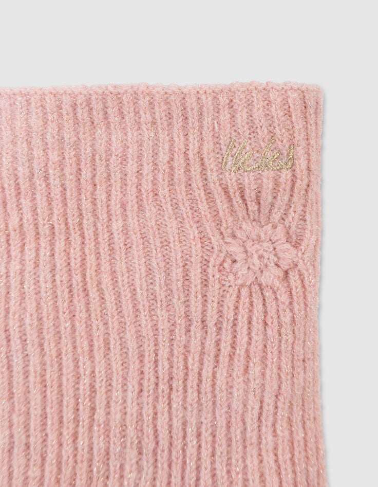 Rosa Mädchensnood aus Glitzerstrick mit Blumenstick-2 Rosa Mädchensnood aus Glitzerstrick mit Blumenstick-2