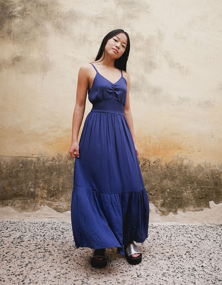 Robe longue bleue jacquard motif plumetis fille-1