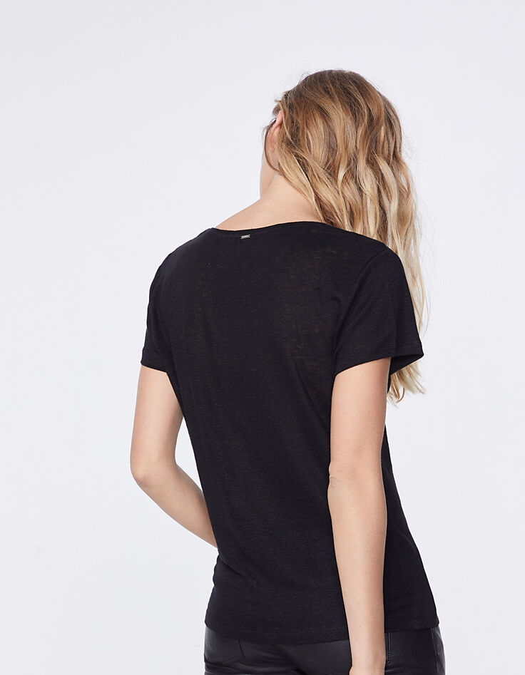Women’s black metallic print linen V-neck T-shirt-3