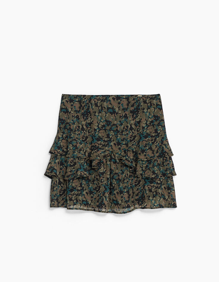 Jupe courte volantée en voile imprimé camouflage-7