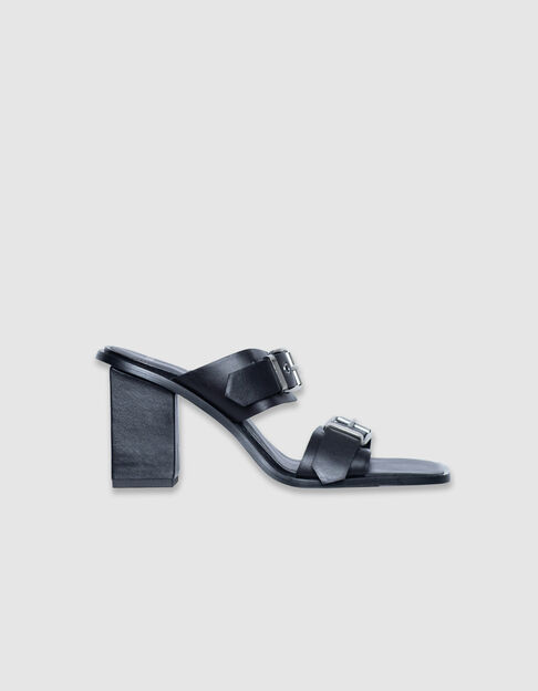 Women's black leather double strap heeled mules - IKKS