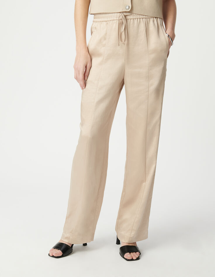 Pantalón ancho Mujer de poliéster reciclado beige con cintura elástica-6