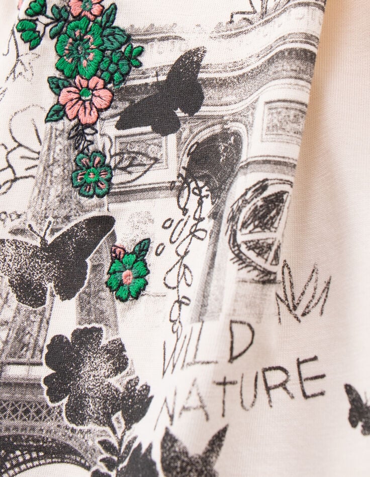 Camiseta crudo algodón monumentos bordado flores para niña-5