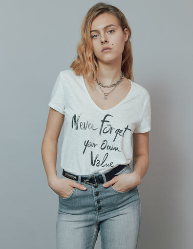 Tee-shirt écru en coton flammé bio visuel message femme - IKKS
