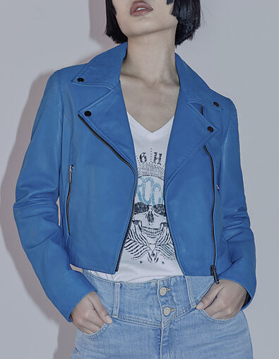 Blouson en cuir d'agneau certifié bleu émeraude femme - IKKS