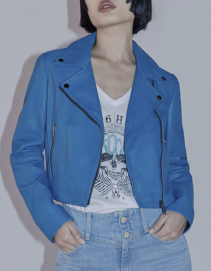 Blouson en cuir d'agneau certifié bleu émeraude femme-1
