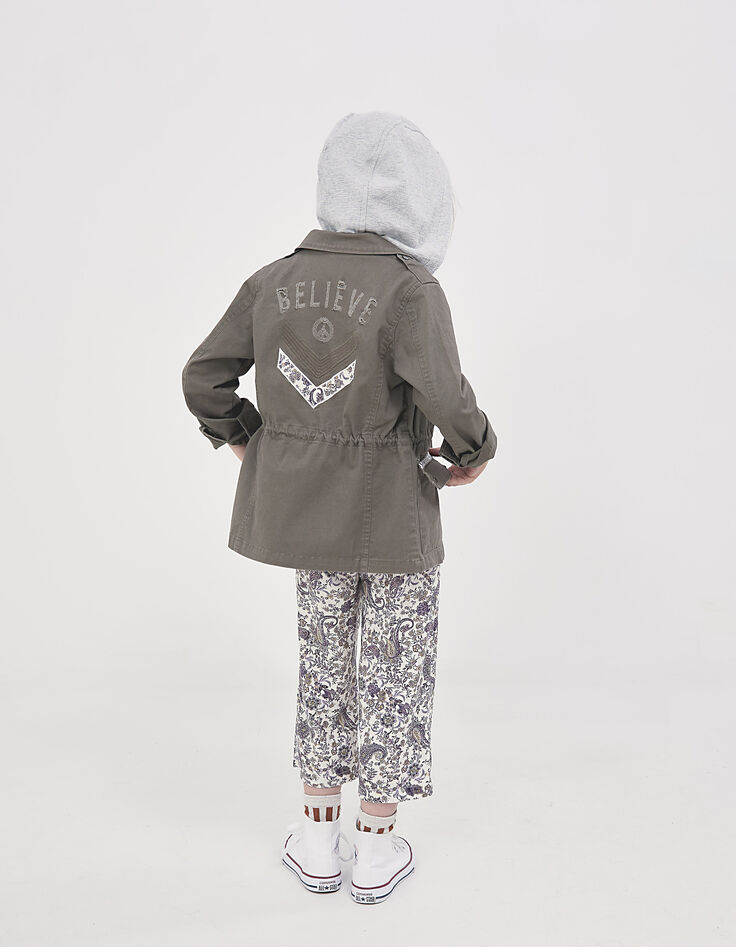 Parka kaki brodée dos à capuche amovible fille-3