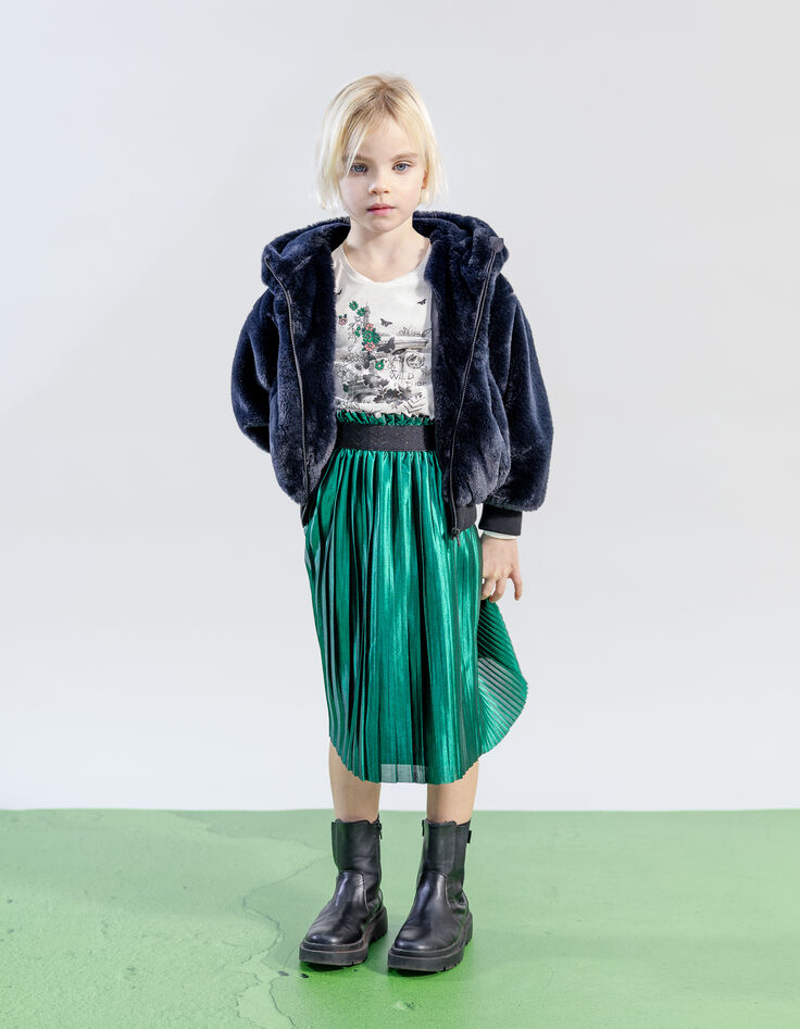 Girl's green satin pleated midi skirt-1