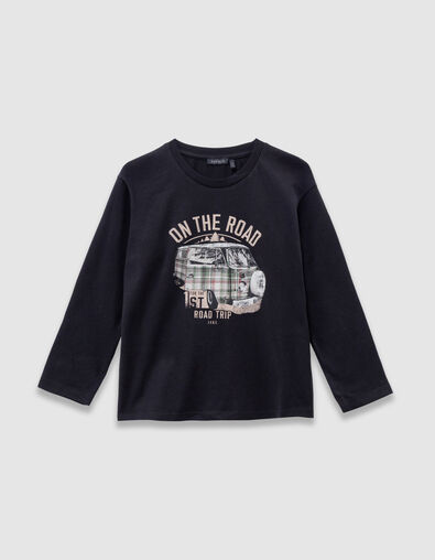 Boys’ black organic cotton T-shirt with printed van image - IKKS