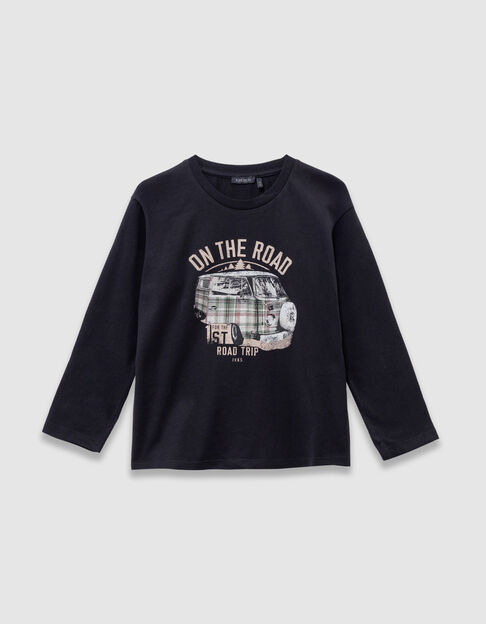 Boys’ black organic cotton T-shirt with printed van image - IKKS
