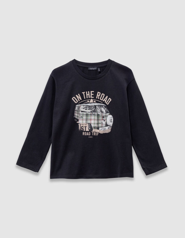 Boys’ black organic cotton T-shirt with printed van image-1