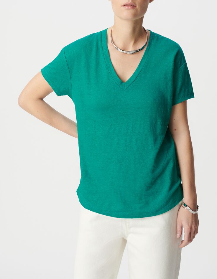 Turquoise V-neck linen knit tee Women-4