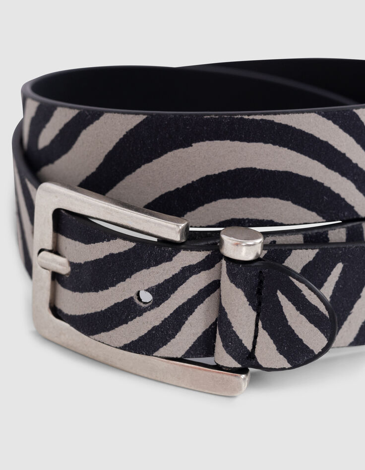 Women's unbleached leather belt with zebra pattern and open buckle-2