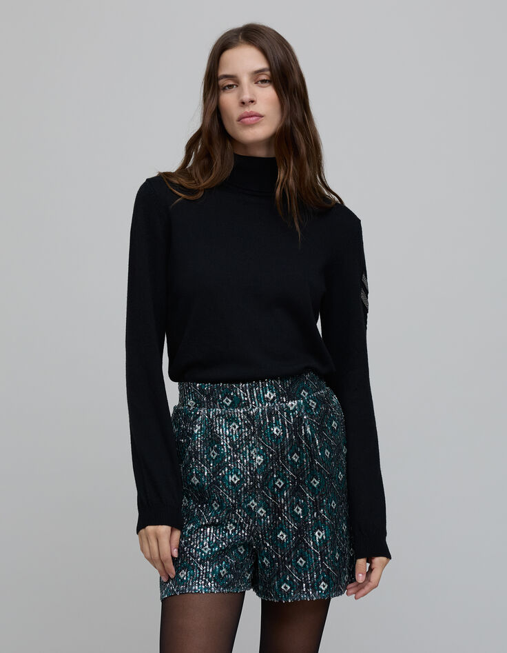 Women's black sequin-embroidered geometric print shorts-2 Women's black sequin-embroidered geometric print shorts-2