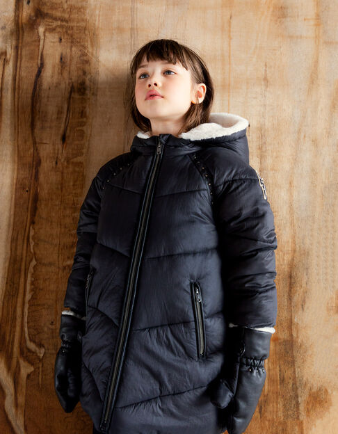 Girls’ black recycled furry padded jacket with mittens
