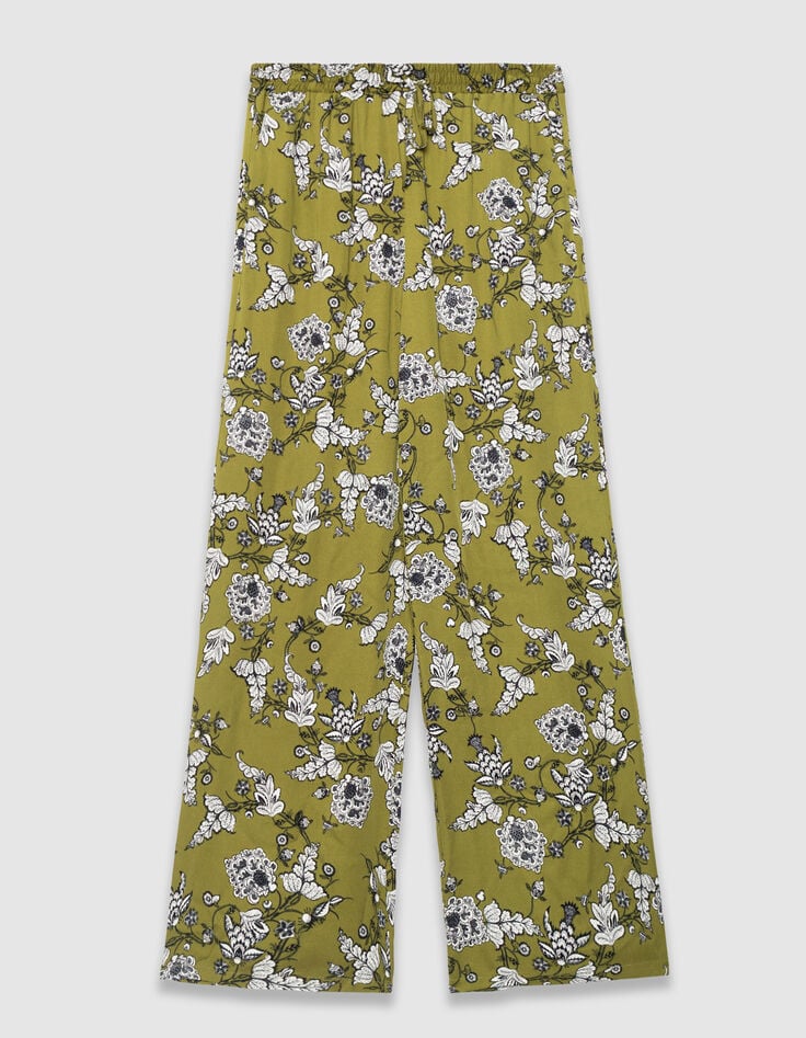 Groene vloeiende wideleg broek bloemenprint Dames-5 Groene vloeiende wideleg broek bloemenprint Dames-5