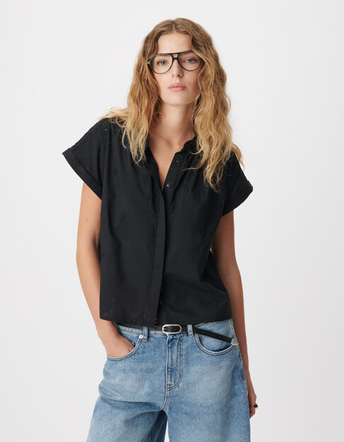 Top negro de mujer con bordado de flores negras - IKKS