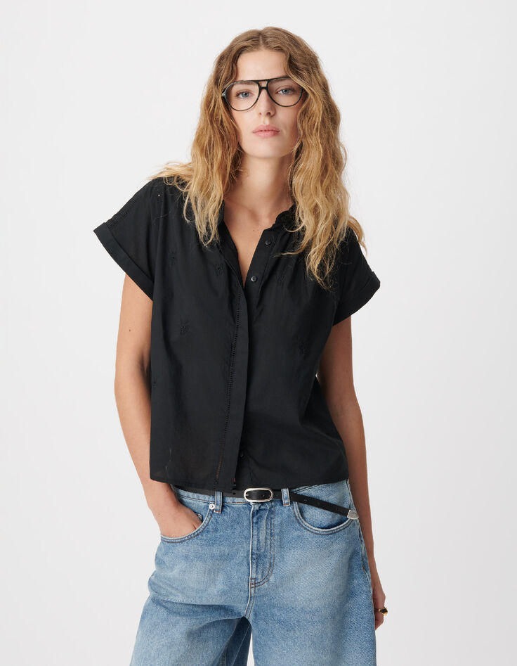 Schwarzes Damen-Top mit schwarzer Blumenstickerei-2
