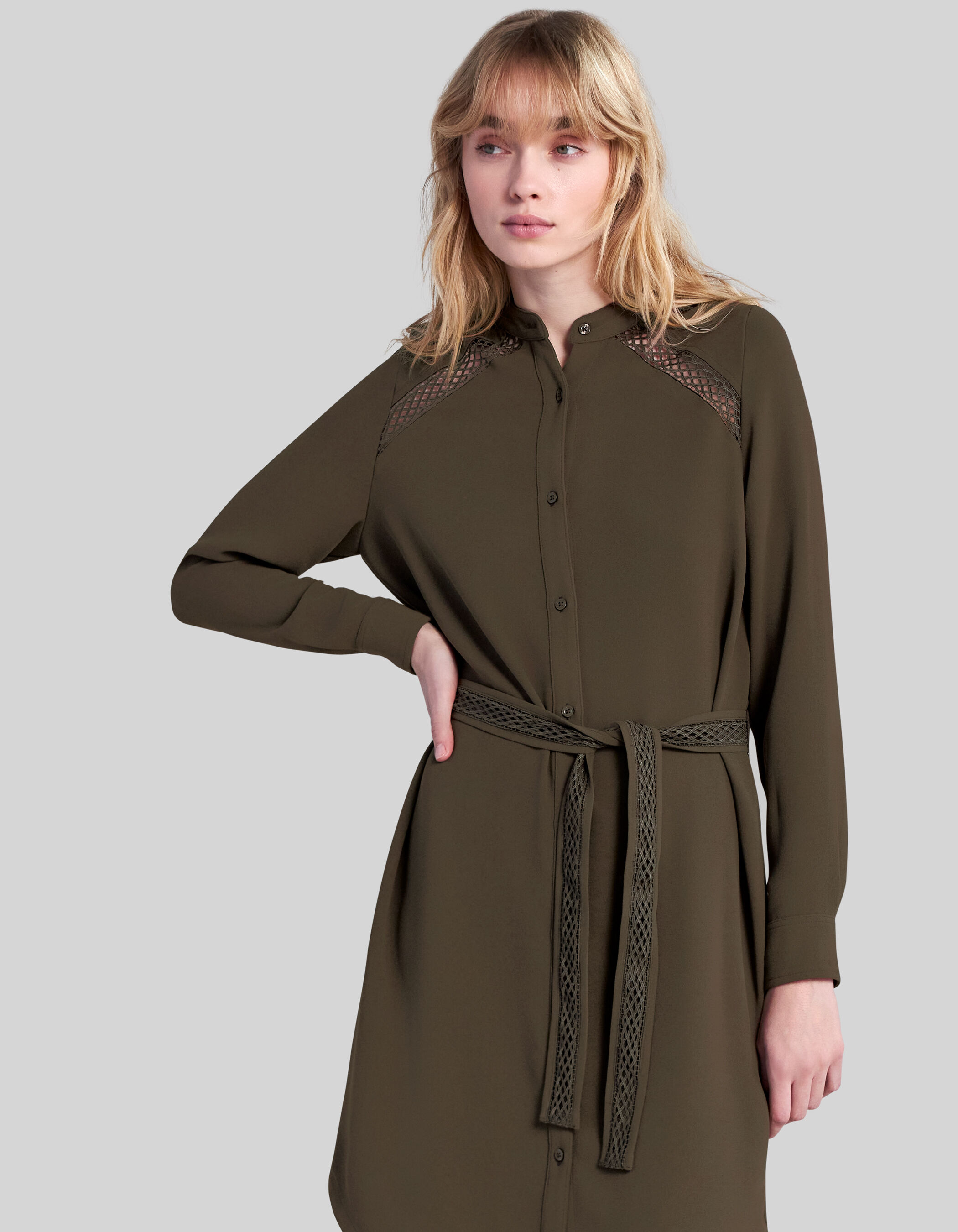 Women s khaki recycled dress with tone on tone lace panel IKKS