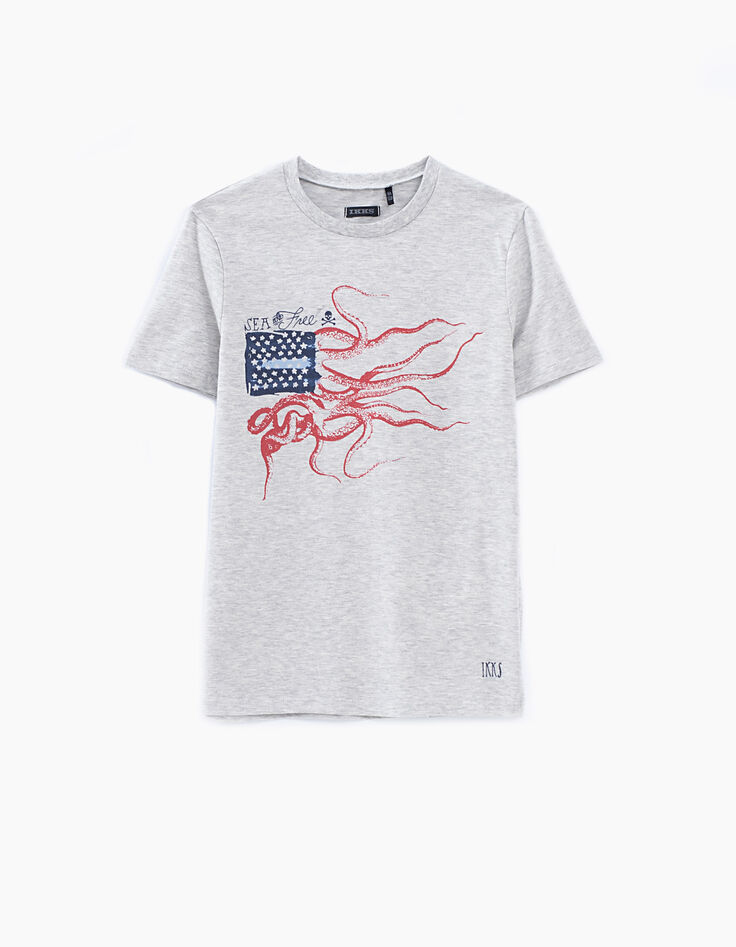 Boys' grey marl octopus-flag image T-shirt-1 Boys' grey marl octopus-flag image T-shirt-1