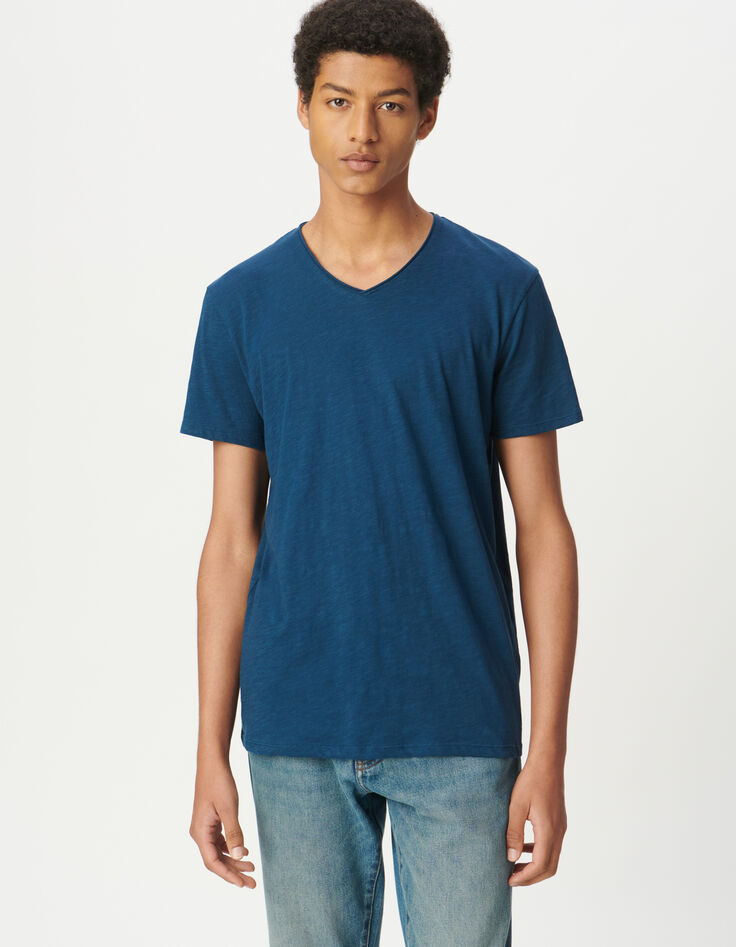 Hellblaues Herren-T-Shirt V-Ausschnitt geflammte Biowolle-2