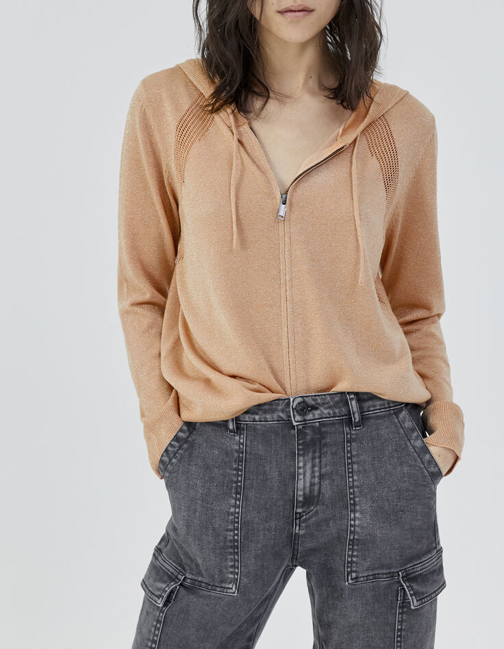 Rosé-beige Damenstrickjacke mit Kapuze und Glitzer-2