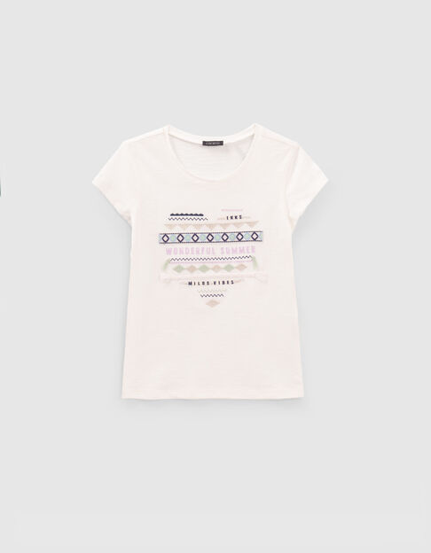 Cremeweißes Mädchen-T-Shirt mit Ethnic-Herzstickerei - IKKS
