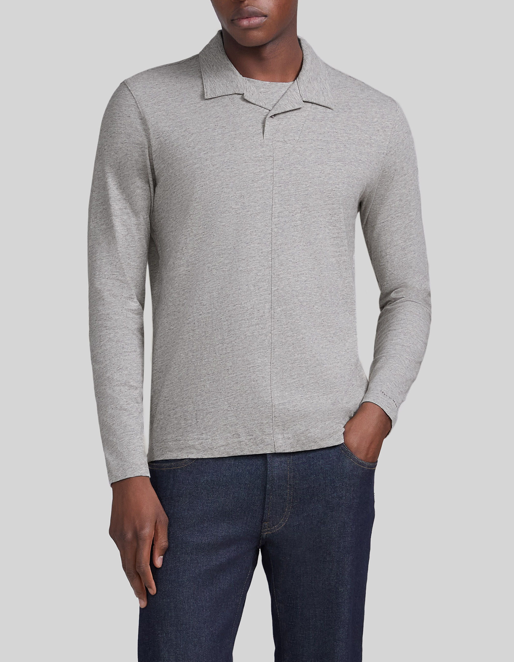 Men s grey upcycled polo shirt with trompe l oeil collar