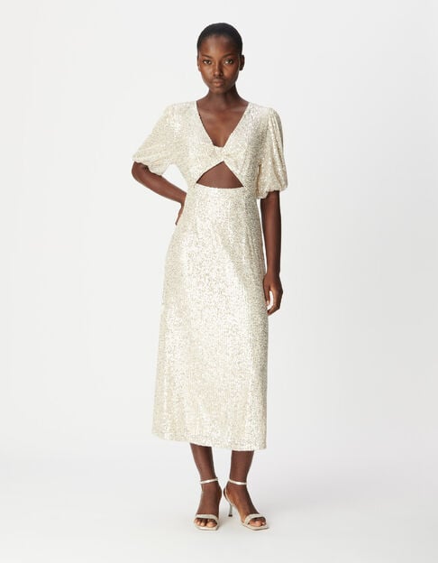 Vestido dorado lentejuelas con lazo Mujer - IKKS