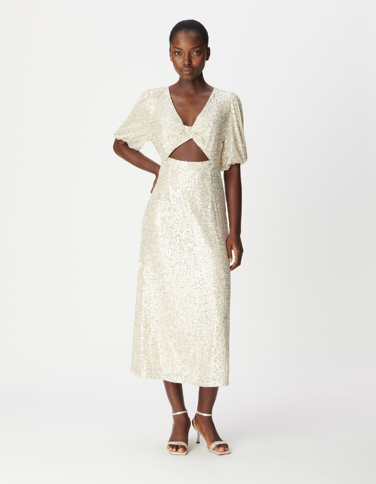 Vestido dorado lentejuelas con lazo Mujer-1