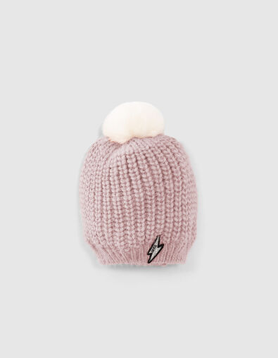 Bonnet rose poudré tricot fourré à pompon bébé fille - IKKS