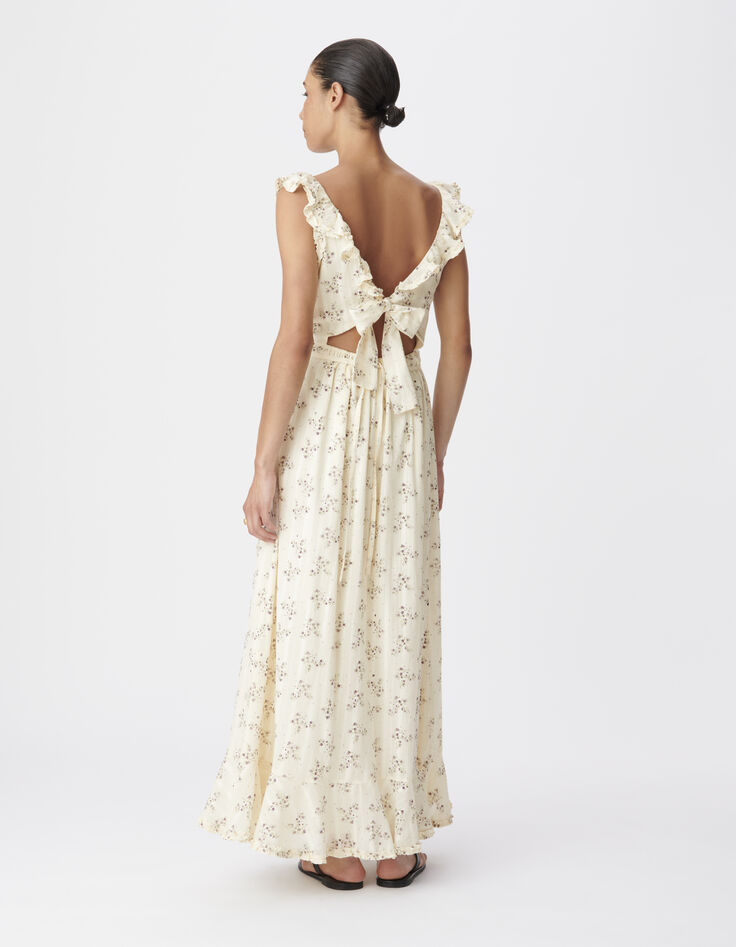 Women's ecru floral long dress with ruffle details-3