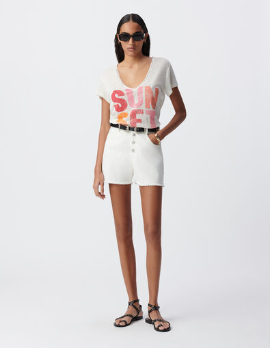 Women's white V-neck maxi tee with color message - IKKS