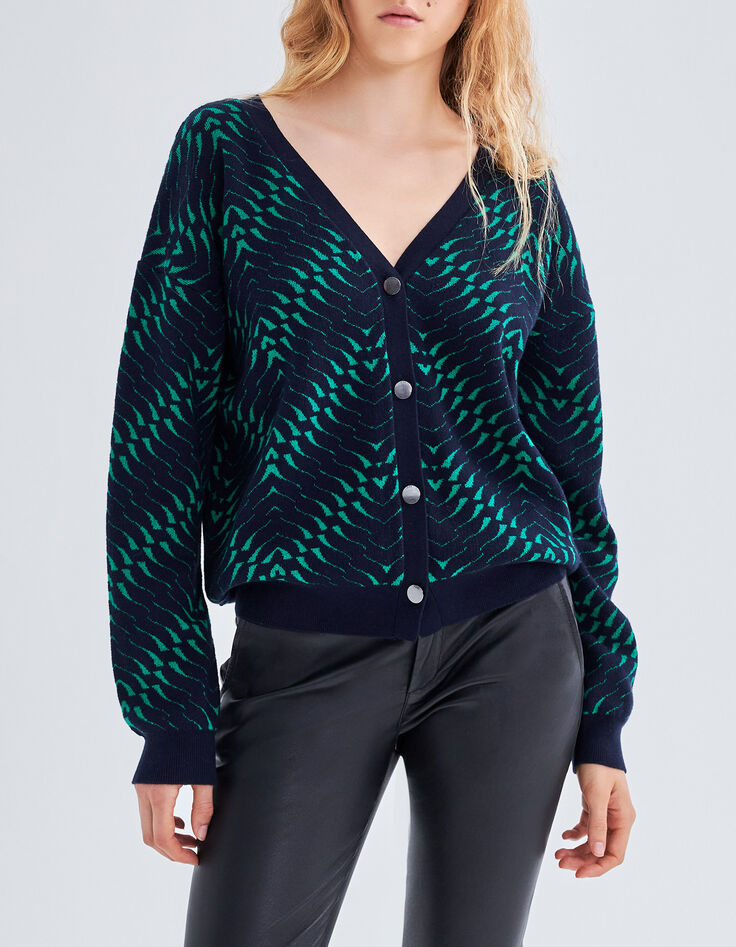 Cardigan marine tricot jacquard motif géométrique Femme-1