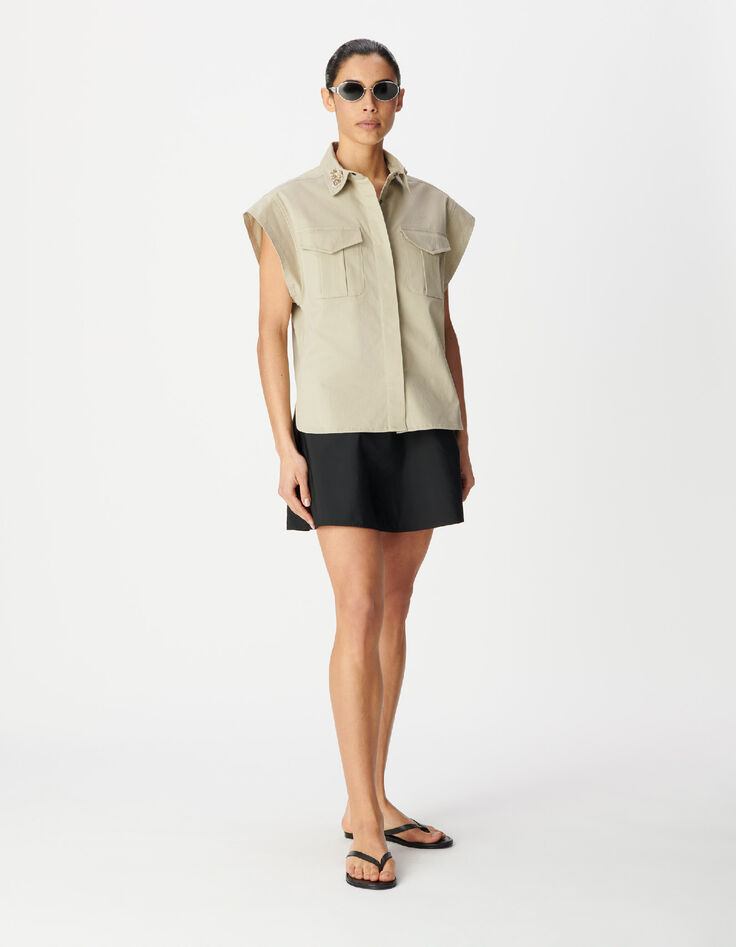 Chemise oversize beige col bijou brod&eacute; Femme-2