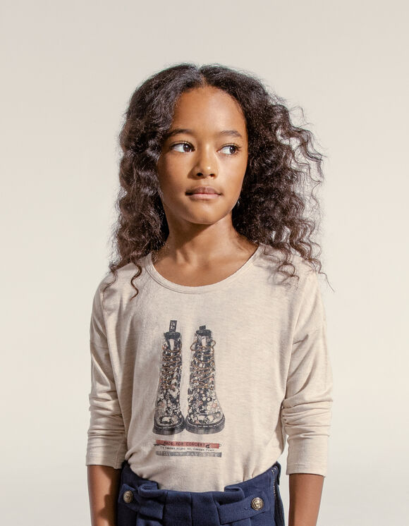 Girls’ ecru marl T-shirt with gold laced boots image