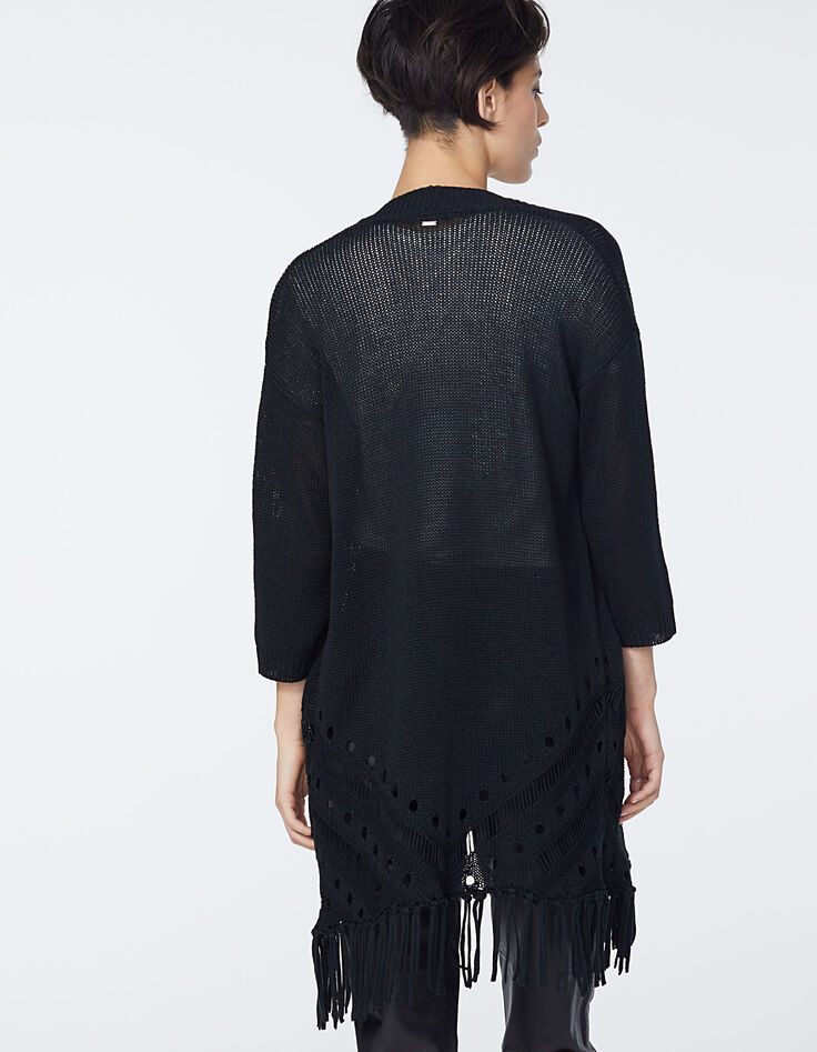 Cárdigan punto tricot negro flecos fantasía mujer-3