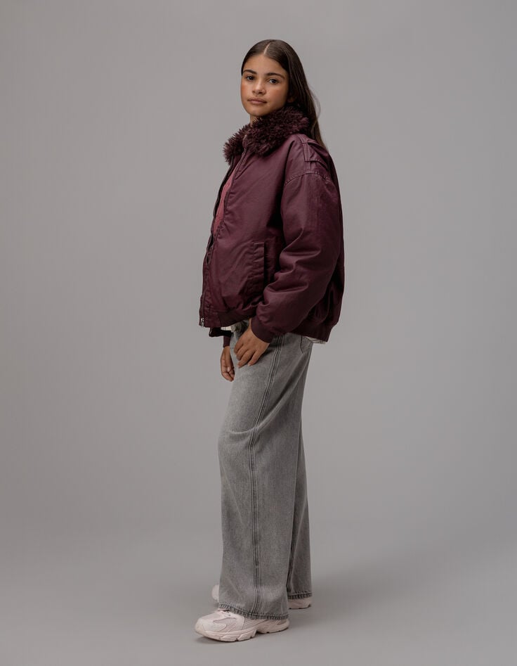 Girls’ burgundy jacket with detachable fur-lined collar-3