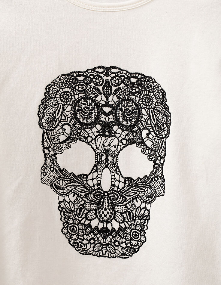 Tee-shirt blanc cassé à tête de mort dentelle fille-2