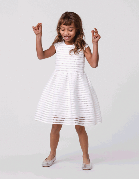 Robe patineuse blanche rayures ajourées dentelle fille - IKKS